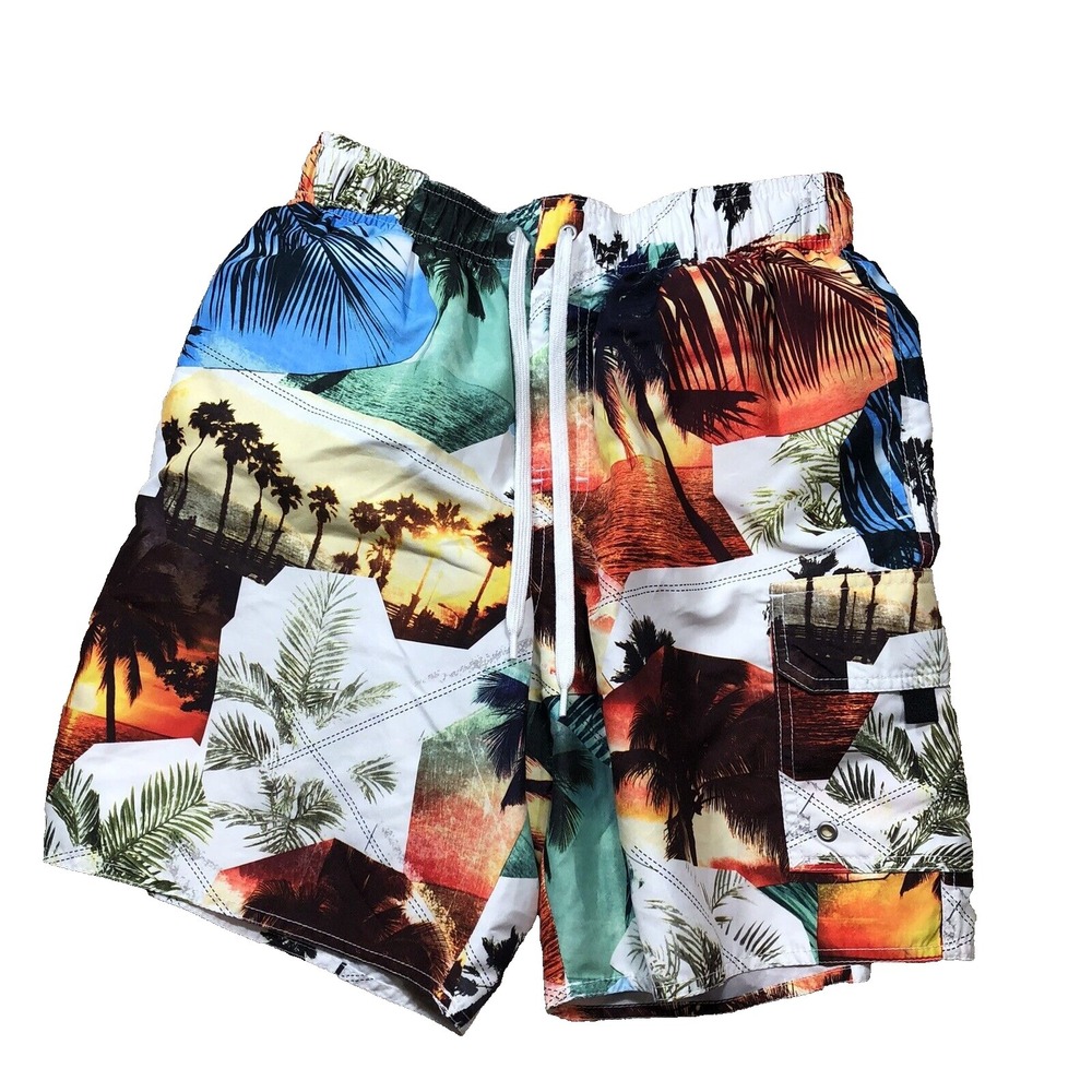 Croft And Barrow board Shorts Men Small White Swim Trunks Hawaiian Multi Colored